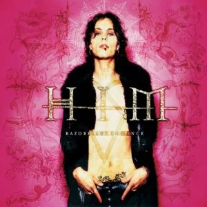 Album cover wallpaper of HIM's 'Razorblade Romance' featuring Ville Valo shirtless against a hot pink background, with the band's name and album title in gothic font.