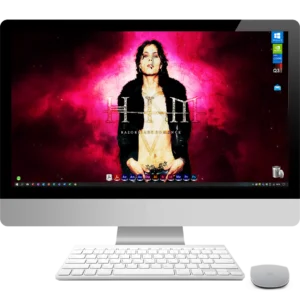 Album cover wallpaper of HIM's 'Razorblade Romance' featuring Ville Valo shirtless against a hot pink background, with the band's name and album title in gothic font.